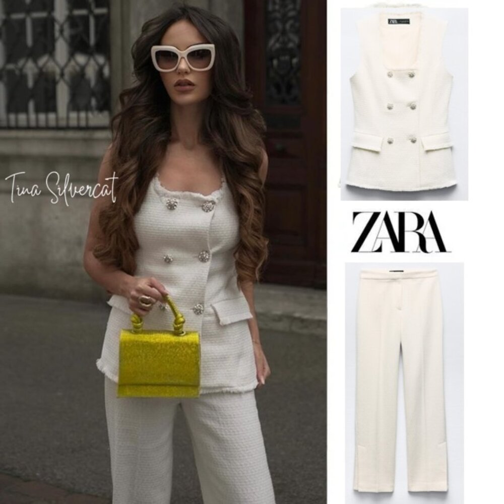 Zara White Tweed Pants And Vest Co-ord Suit Set XS NWT